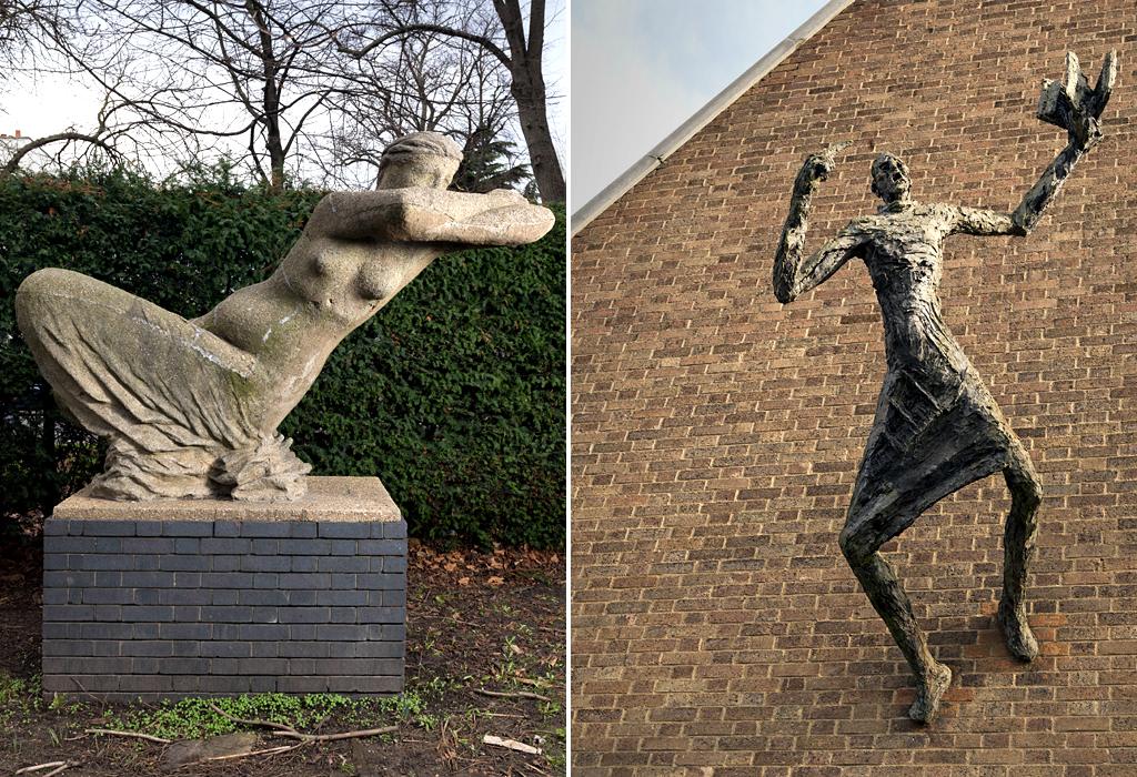 The Leaning Woman by Karel Vogel, 1959 - Hammersmith, London. The Preacher by Peter Laszlo Peri, 1961 - Forest Gate, London.