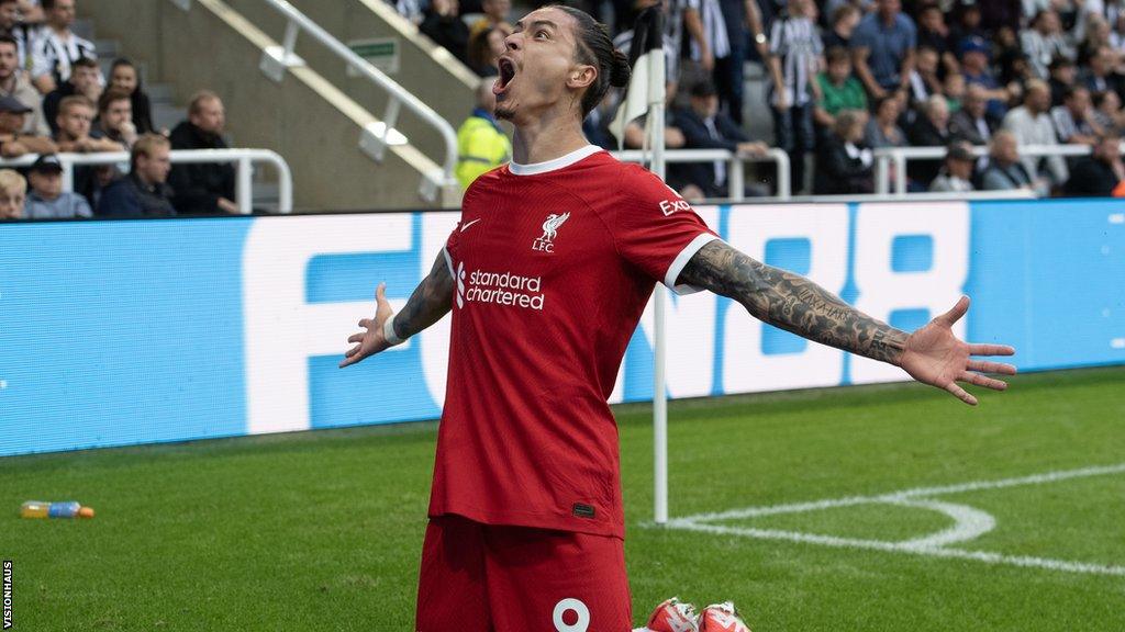 Darwin Nunez celebrates after scoring the winner against Newcastle
