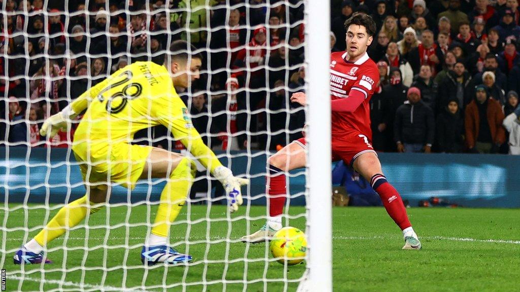 Middlesbrough's Hayden Hackney scores their first goal against Chelsea in the Carabao Cup semi-final first leg