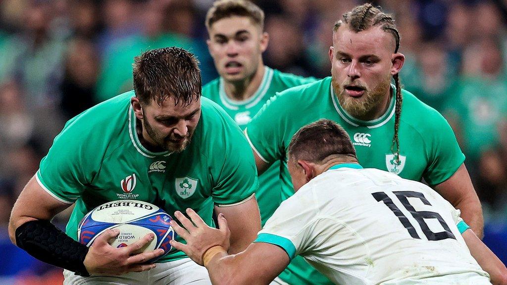 Iain Henderson gets ready for contact from South Africa's Deon Fourie in the game in Paris on 23 September