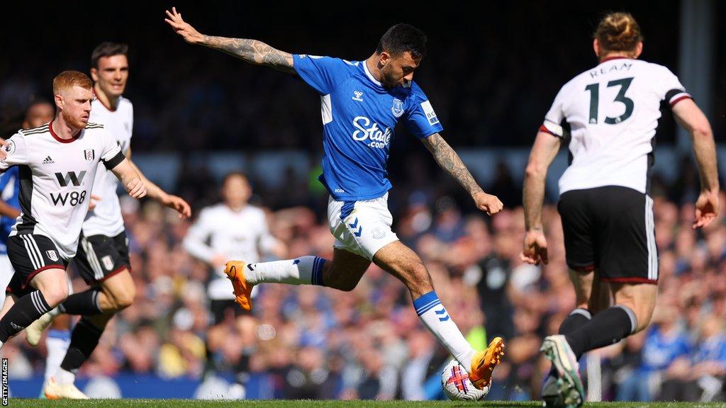 Everton's Dwight McNeil fires in the equalising goal against Fulham at Goodison Park