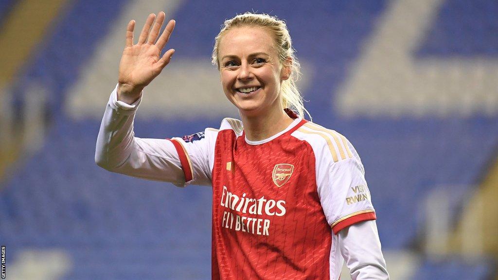 Amanda Ilestedt of Arsenal waves to fans