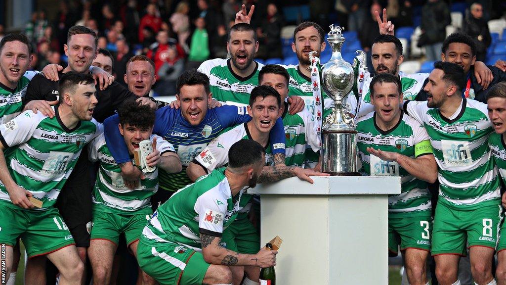 The New Saints players celebrate with the Welsh Cup after their win over Bala Town