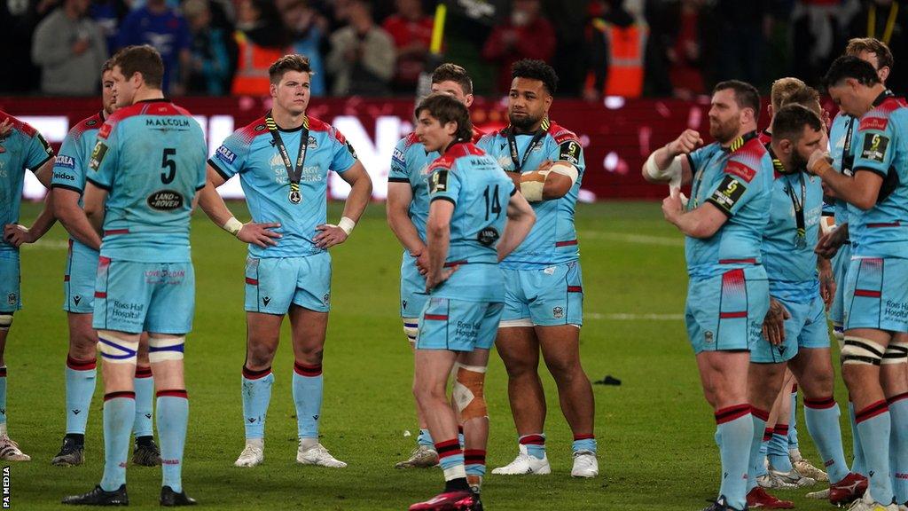 Glasgow Warriors players appear dejected after the ECPR Challenge Cup final at the Aviva Stadium in Dublin, Ireland.