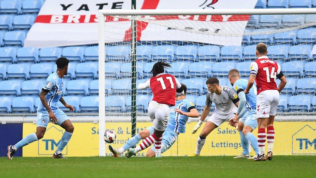 Antoine Semenyo scores a goal for Bristol Cit against Covntry