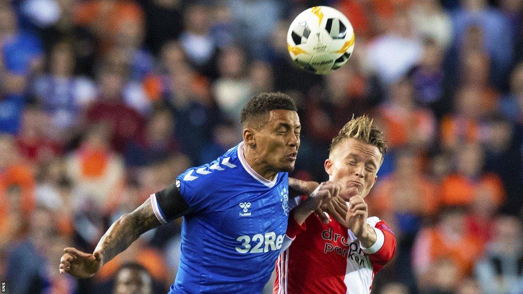 James Tavernier playing for Rangers against Feyenoord in 2019