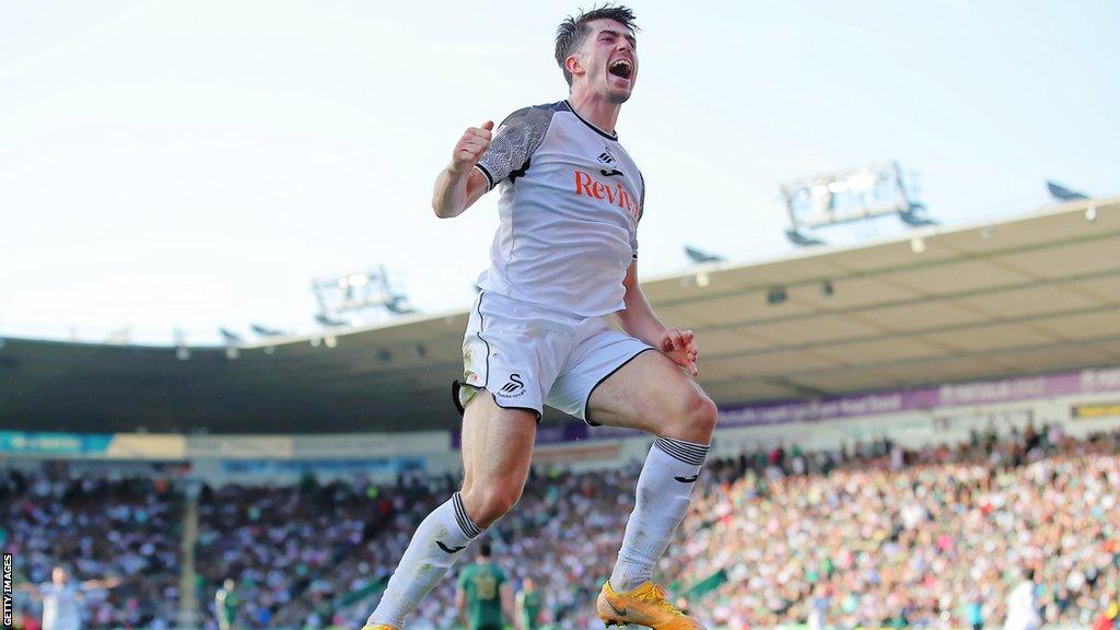 Josh Key celebrates after scoring at Plymouth Argyle