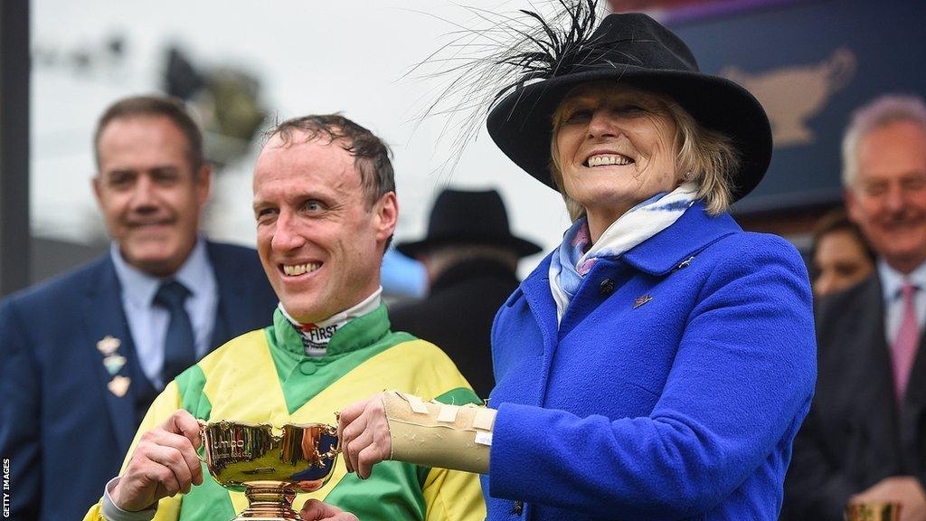 Jessica Harrington with jockey Robbie Power after Sizing John's Cheltenham win