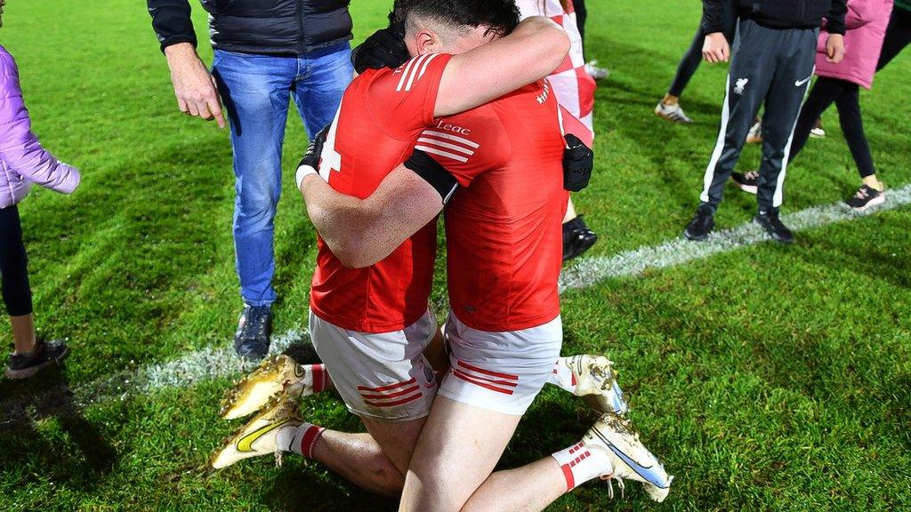 Trillick captain Rory Brennan celebrates winning the Tyrone Championship with his brother Lee