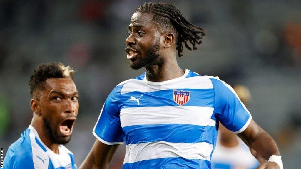 Liberia's Mohammed Sangar celebrates after scoring a goal during the 2023 Africa Cup of Nations Group K qualifier match between South Africa and Liberia at Orlando Stadium in Soweto