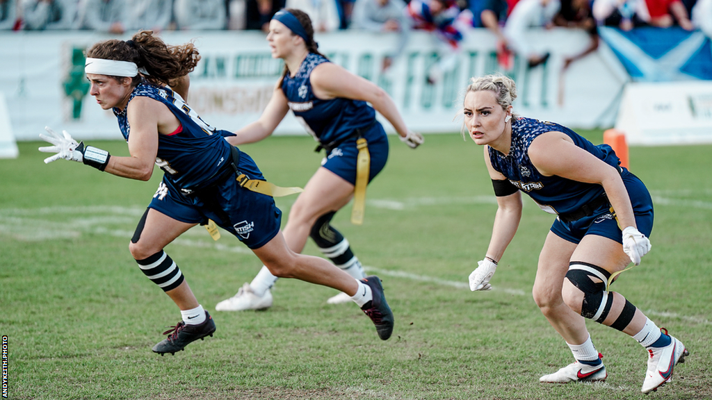 Kate Bruinvels and Kellie Barrett playing for Great Britain's flag football team