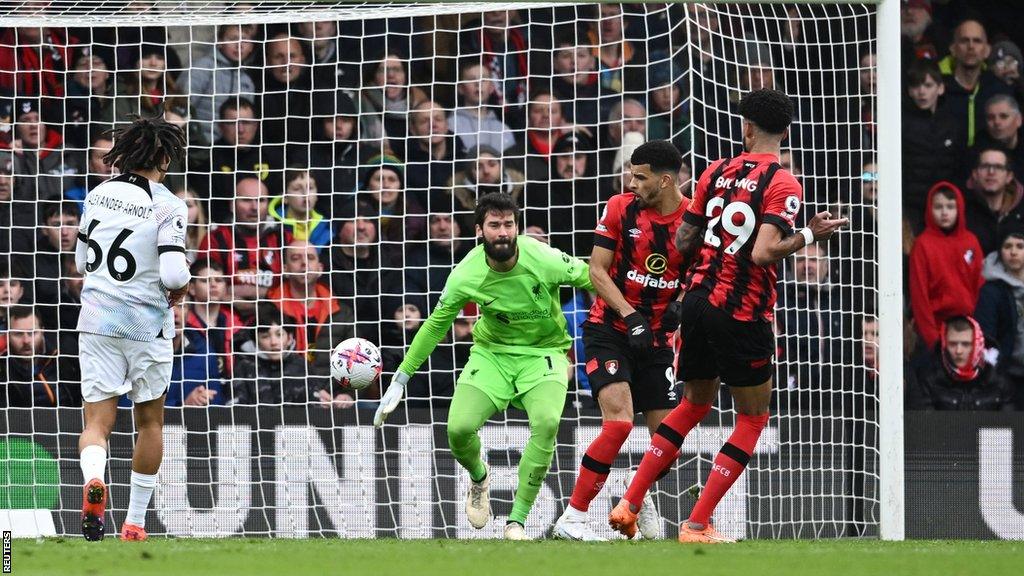 Philip Billing scores for Bournemouth against Liverpool in the Premier League