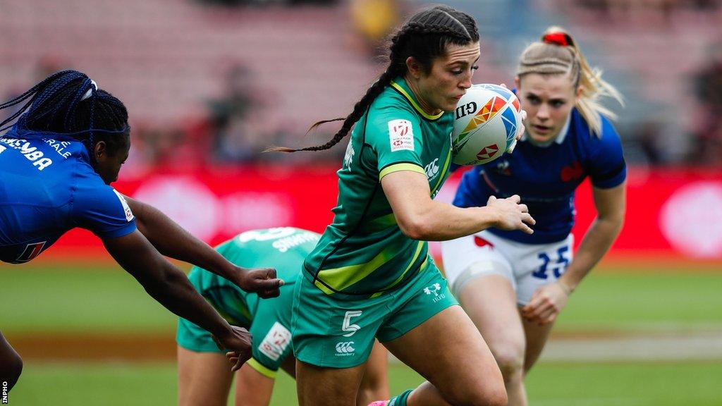 Amee-Leigh Murphy Crowe scores one of her three tries in the 27-7 win over the hosts at the France Sevens