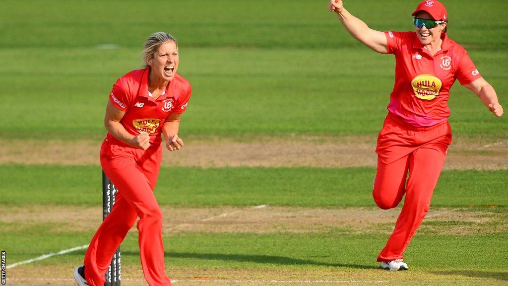 Claire Nicholas (L) of Welsh Fire celebrates a wicket during last season's The Hundred