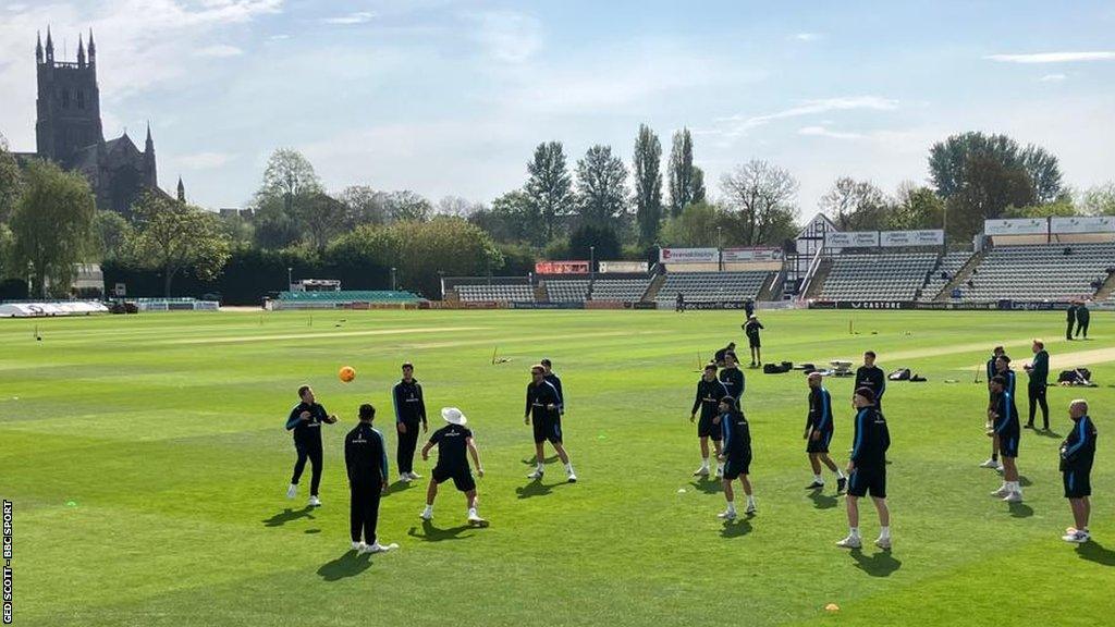 The only appearance on the pitch at New Road for Steve Smith (far left) was for the usual morning football warm-up