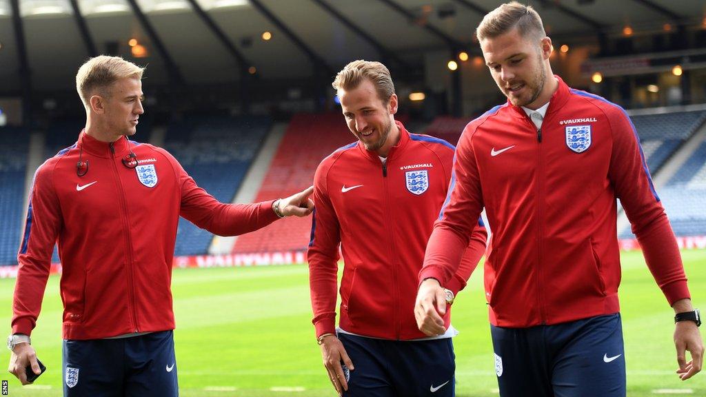 Jack Butland (right) with Joe Hart and Harry Kane before an England World Cup qualifier against Scotland in 2017