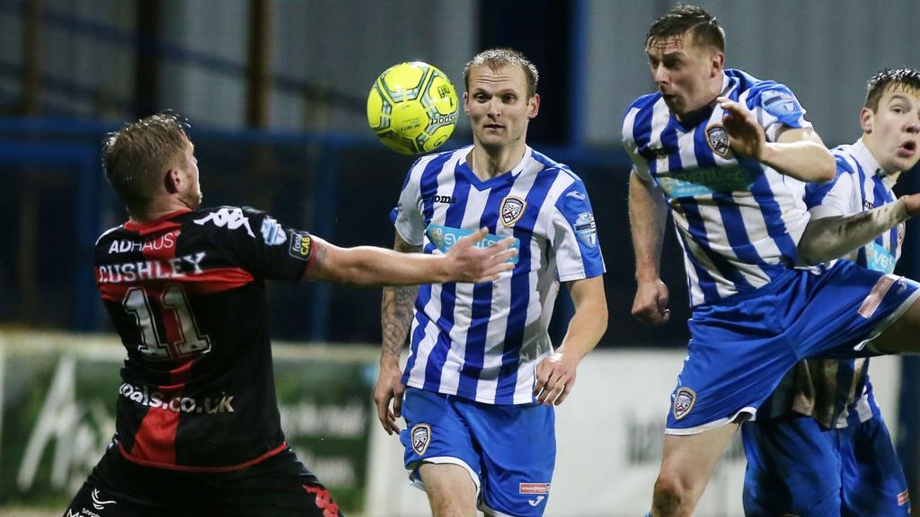 Action from Coleraine against Crusaders