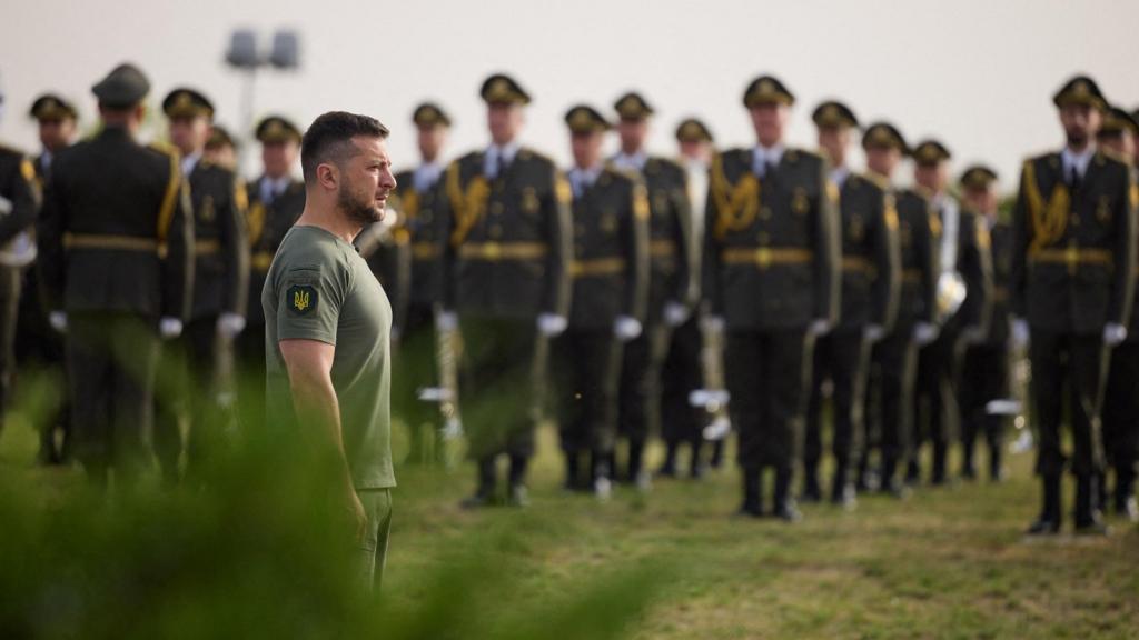 Ukraine's President Volodymyr Zelenskiy attends a raising ceremony of the country's biggest national flag to mark the Day of the State Flag, amid Russia's attack on Ukraine, in Kyiv, Ukraine August 23