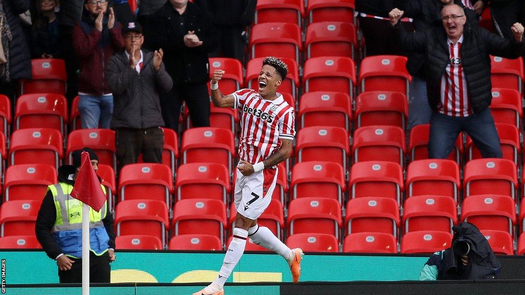 Andre Vidigal celebrates a goal for Stoke against Rotherham