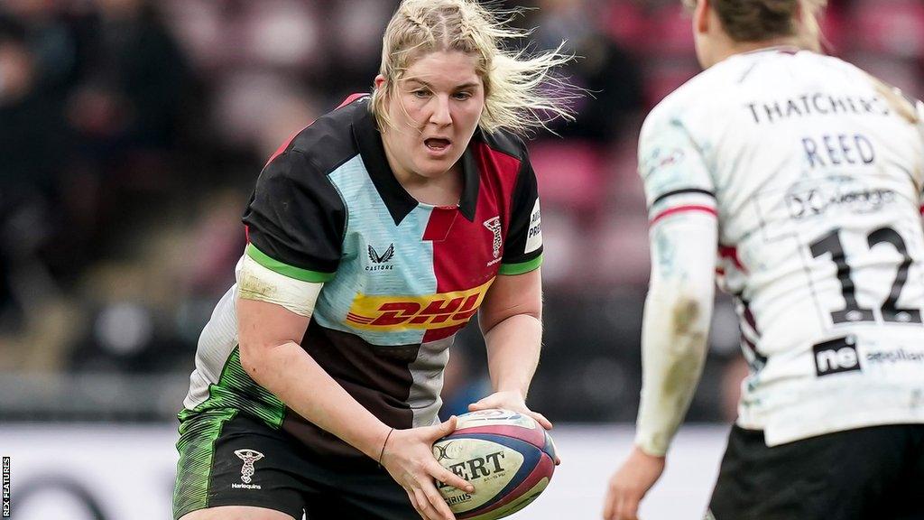 Harlequins prop Bryony Cleall takes the ball into contact