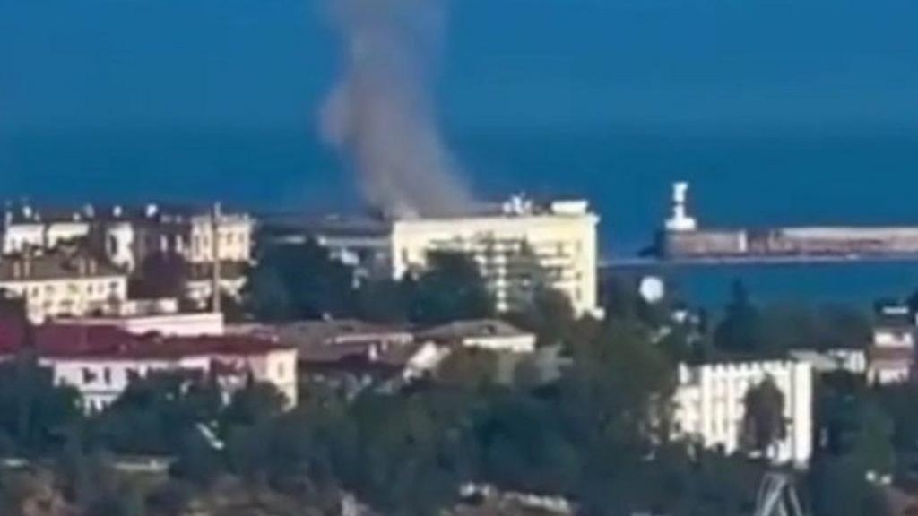 Smoke rising near Black Sea fleet HQ in Sevastopol, in unverified video footage