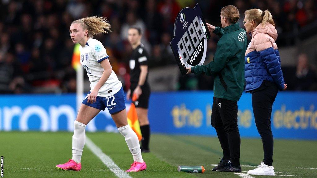 Katie Robinson coming on as a substitute against Brazil at Wembley