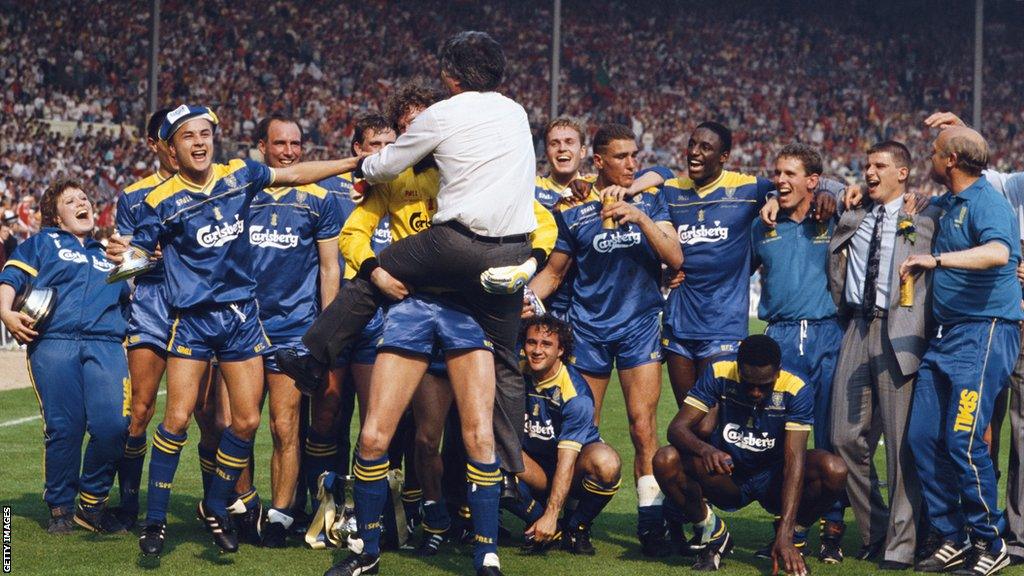 Caroline Brouwer celebrates winning the FA Cup with Wimbledon in May 1988