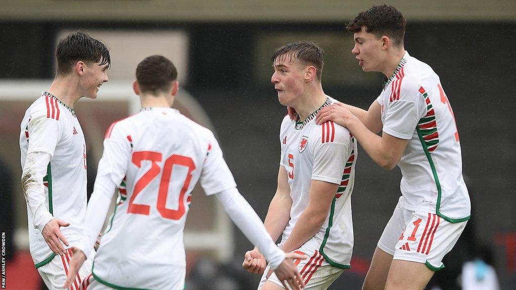 Cardiff City's Dylan Lawlor celebrates after scoring the goal that secured qualification for Wales Under-17s