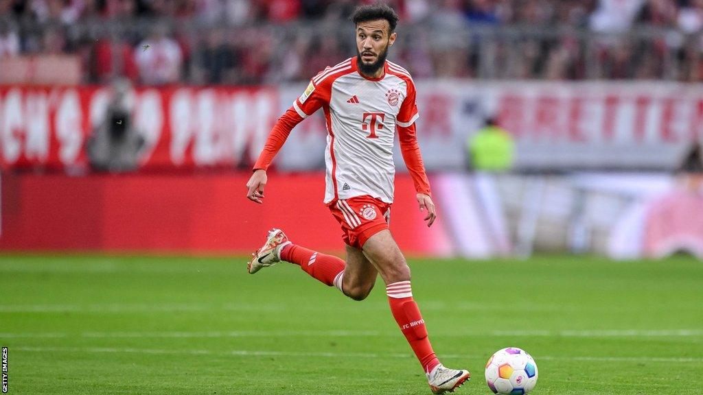 Noussair Mazraoui playing for Bayern Munich in the Bundesliga