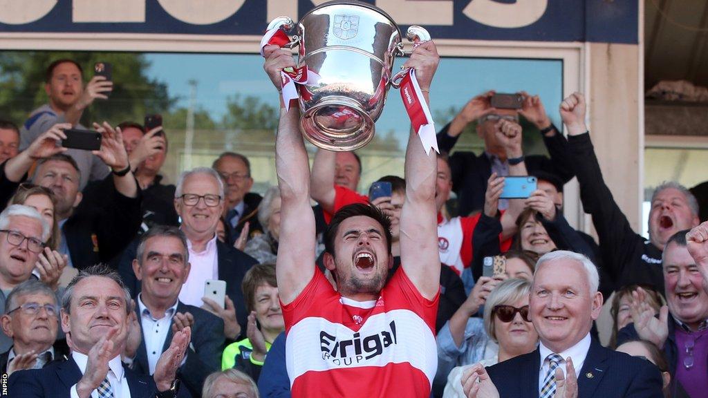 Chrissy McKaigue lifts the Anglo-Celt Cup at Clones last May