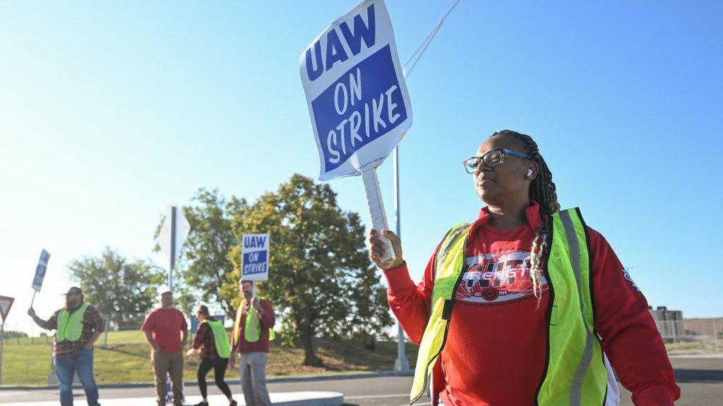 GM workers with the UAW Local 2250 Union strike outside the General Motors Wentzville Assembly Plant on September 15, 2023 in Wentzville, Missouri.