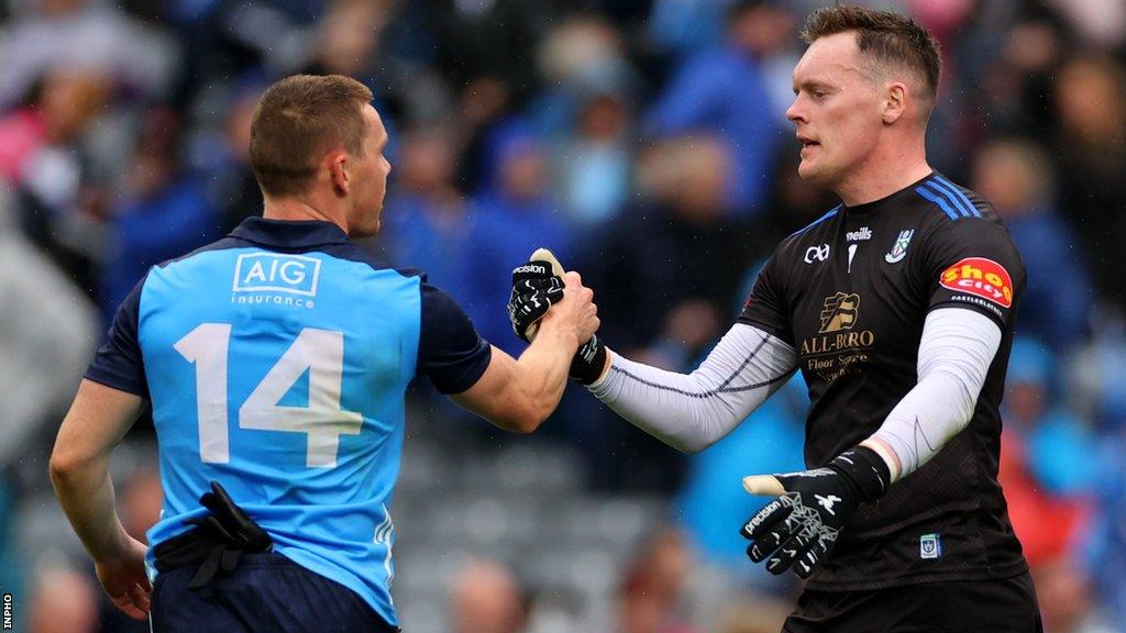 Rory Beggan shakes hands with Dublin's Con O'Callaghan after last year's All-Ireland semi-final at Croke Park