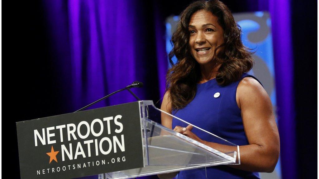 Aimee Allison, president of Democracy in Color,speaks at the Netroots Network event