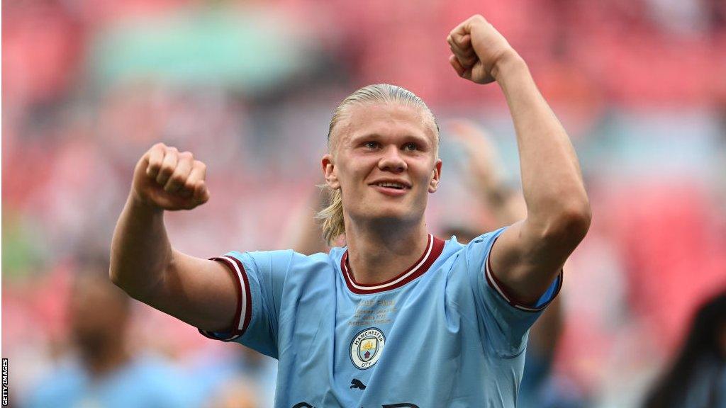 Manchester city striker Erling Haaland celebrates at Wembley after winning the FA Cup