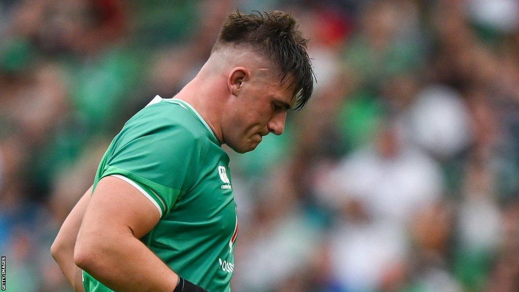 Dan Sheehan hobbles off the pitch during Ireland's win over England in Dublin