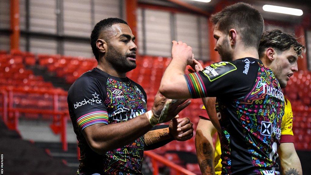 Siva Naulago and Harry Randall during Bristol's win over Perpignan in the Challenge Cup