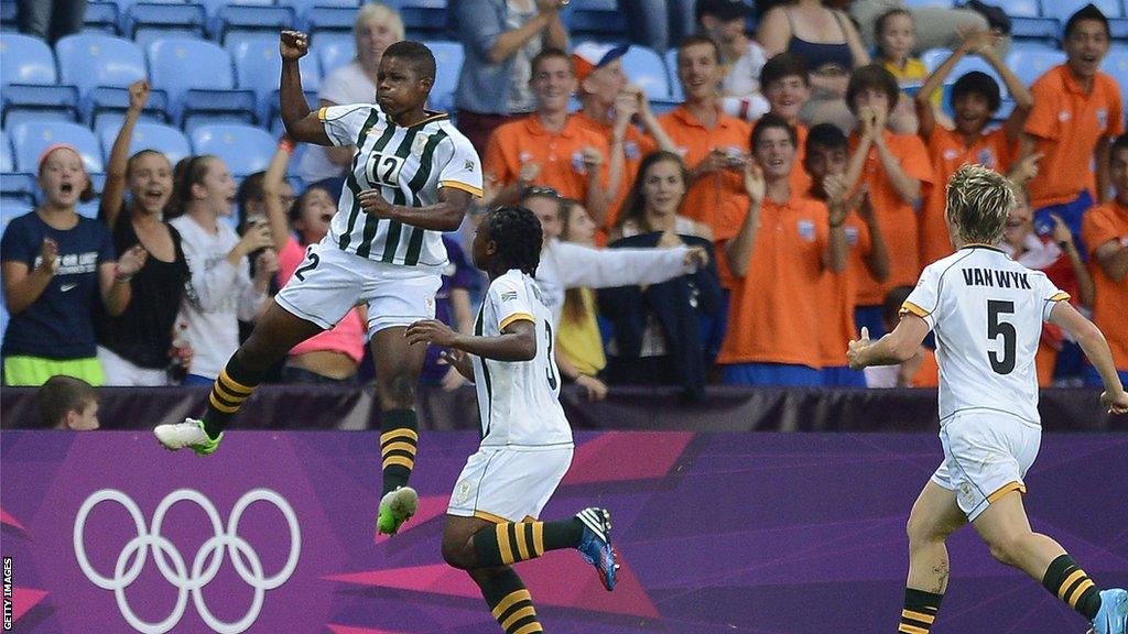 Portia Modise (left) celebrates her goal against Sweden at London 2012