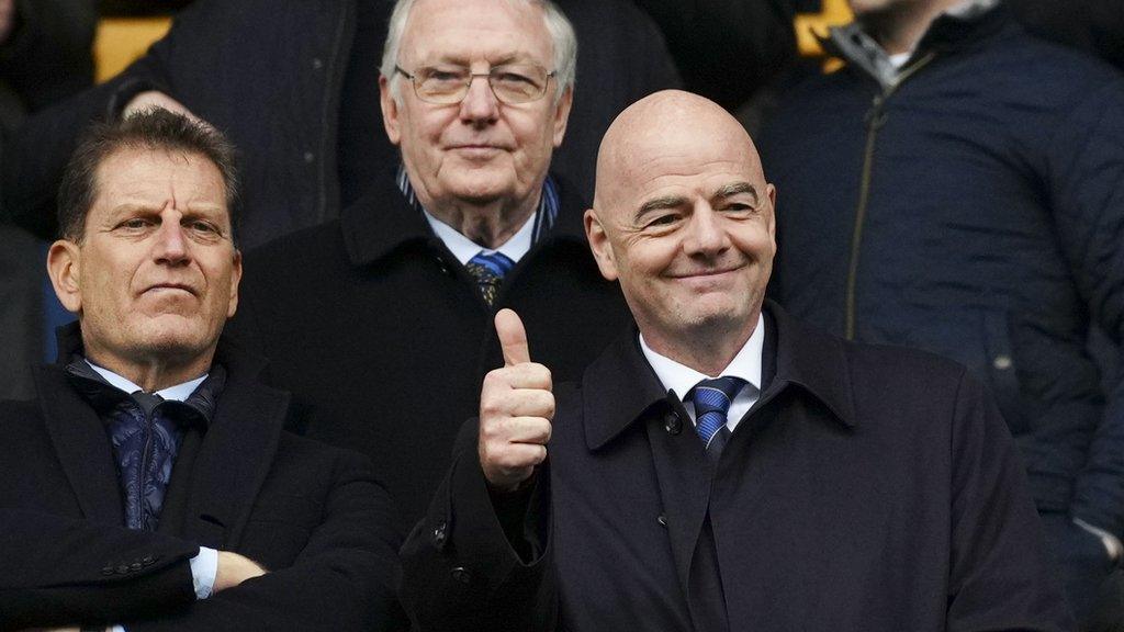 Fifa president Gianni Infantino gives a thumbs-up as he attends Millwall v Norwich