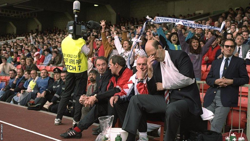 Wales lock Phil May with his arm in a sling after being forced off against Western Samoa in the 1991 World Cup