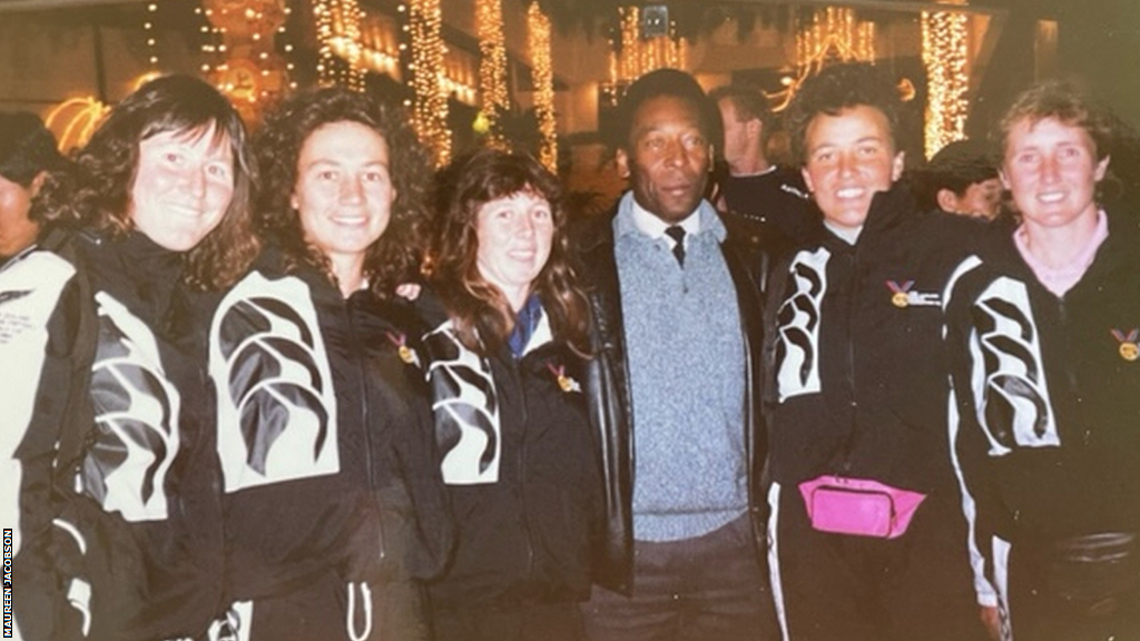 Maureen Jacobson and her team-mates pose for a photo with Brazil legend Pele