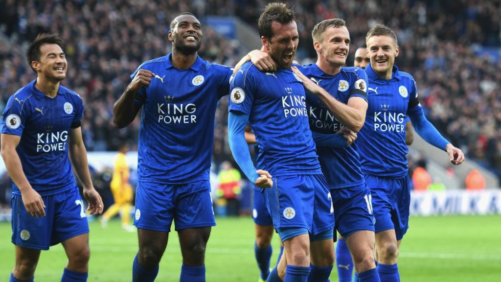 Leicester's Christian Fuchs celebrates