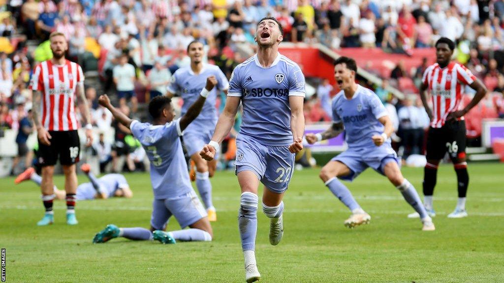 Leeds United players celebrate a goal against Brentford