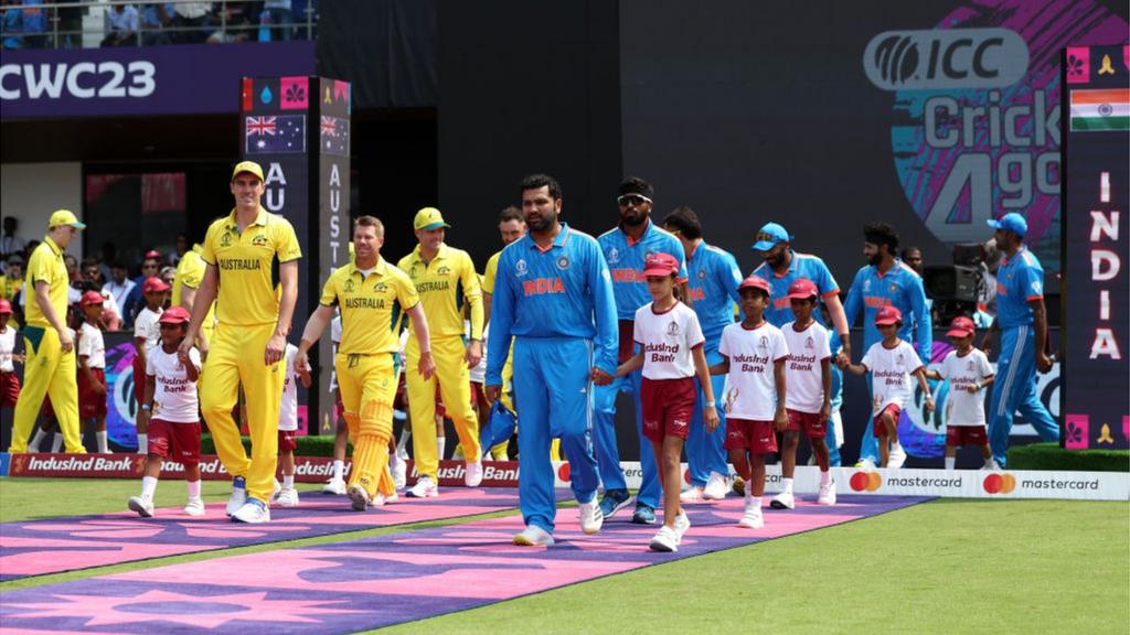 Both teams take to the field prior to the ICC Men's Cricket World Cup India 2023 between India and Australia at MA Chidambaram Stadium on October 08, 2023 in Chennai, India.