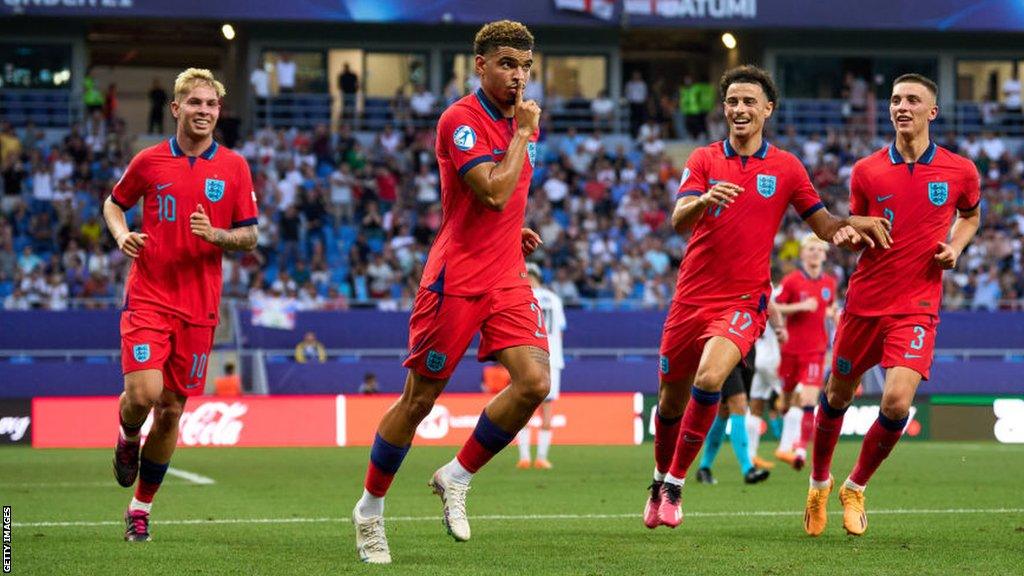 Morgan Gibbs-White celebrates scoring for England Under-21s against Israel