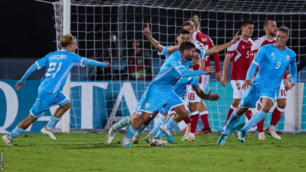 San Marino celebrate scoring against Denmark