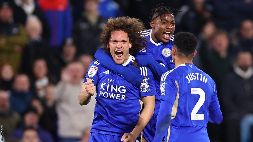 Wout Faes celebrates his goal for Leicester against Leeds