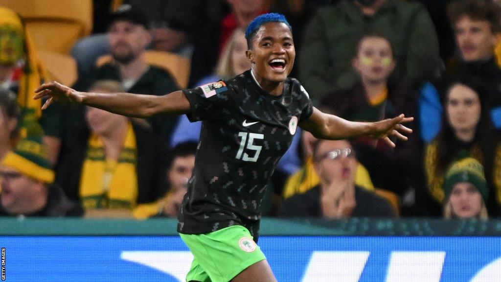 Rasheedat Ajibade celebrates a goal for Nigeria at the Women's World Cup