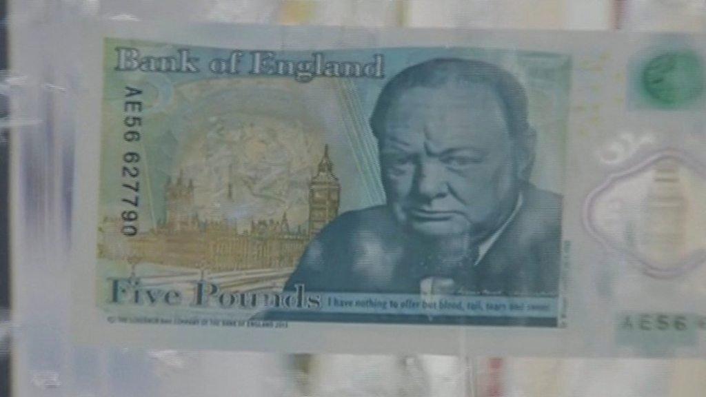 The new five pound note made of see-through polymer and featuring Winston Churchill will be entering circulation on 13 September.