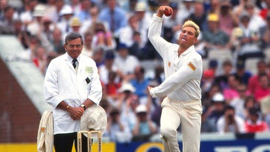 Shane Warne with umpire Dickie Bird, during England v Australia; 1st Ashes Test at Old Trafford in June 1993