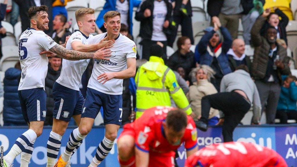 Preston celebrate their late equaliser against Blackburn